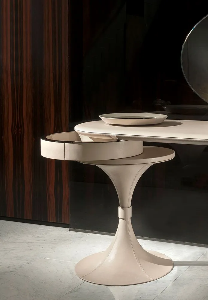 Glossy Grey Vanity Set with Round Mirror and Tulip Stool