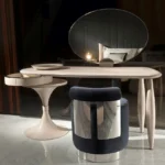 Glossy Grey Vanity Set with Round Mirror and Tulip Stool