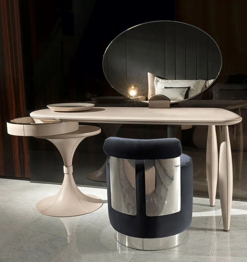 Glossy Grey Vanity Set with Round Mirror and Tulip Stool