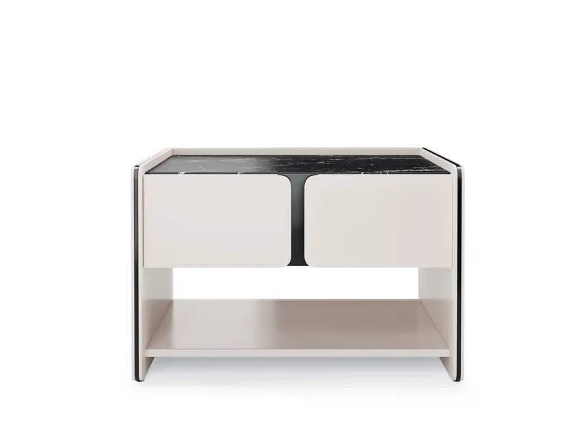 Light Beige Nightstand with Marble Top and Open Shelf