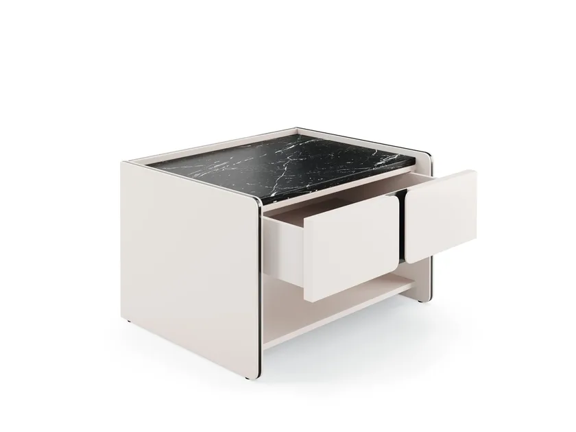 Light Beige Nightstand with Marble Top and Open Shelf