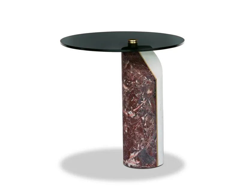 Marble-Accented Black Glass Nesting Side Tables with Geometric Pedestals