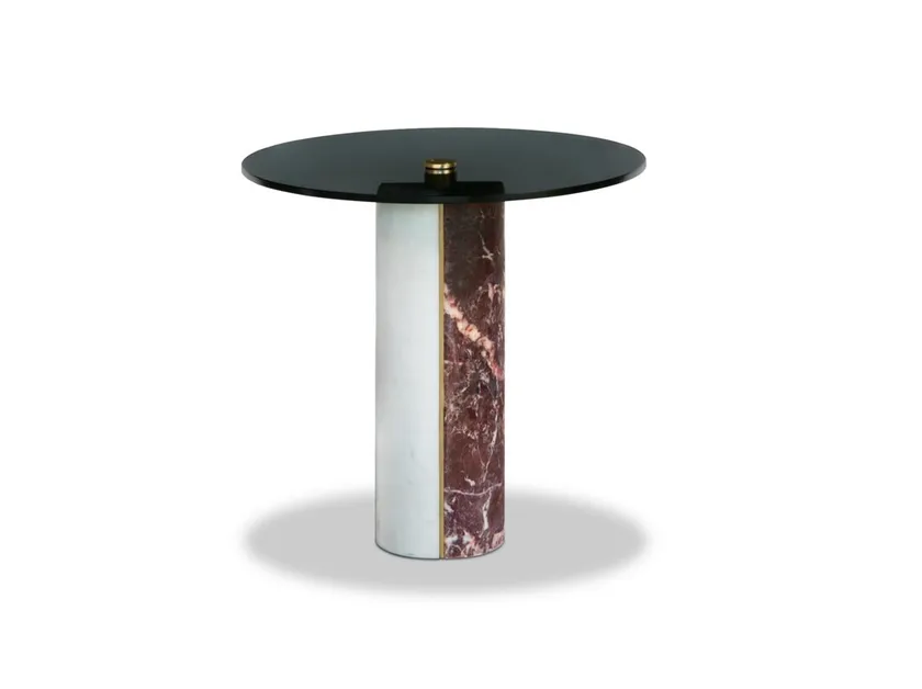 Marble-Accented Black Glass Nesting Side Tables with Geometric Pedestals