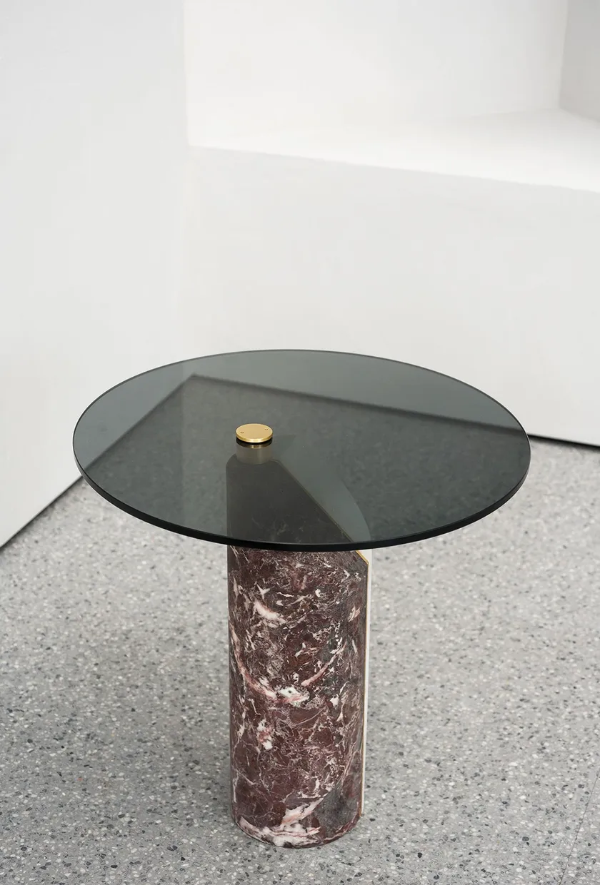 Marble-Accented Black Glass Nesting Side Tables with Geometric Pedestals