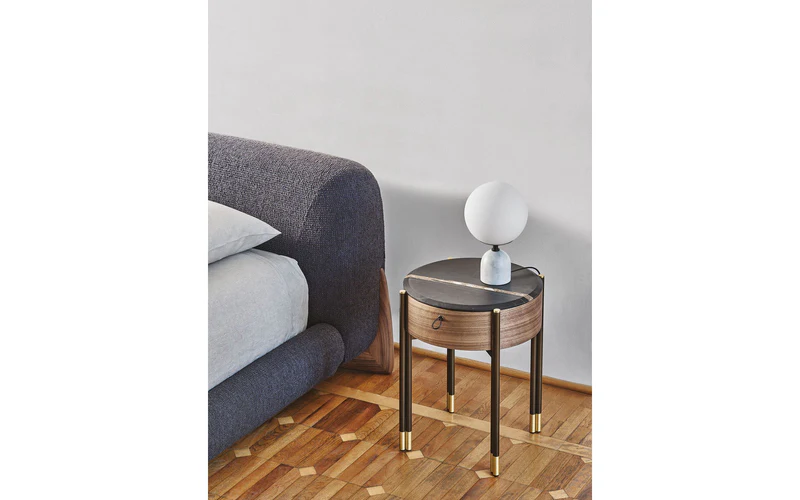 Round Marble Top Walnut Nightstand with Metal Legs