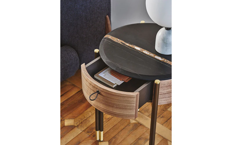 Round Marble Top Walnut Nightstand with Metal Legs