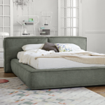 Modern Minimalist Oversized Green Upholstered Bed with Plush Headboard