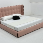 Blush Tufted Wingback Bed Velvet Upholstery with Contrast Accent Details