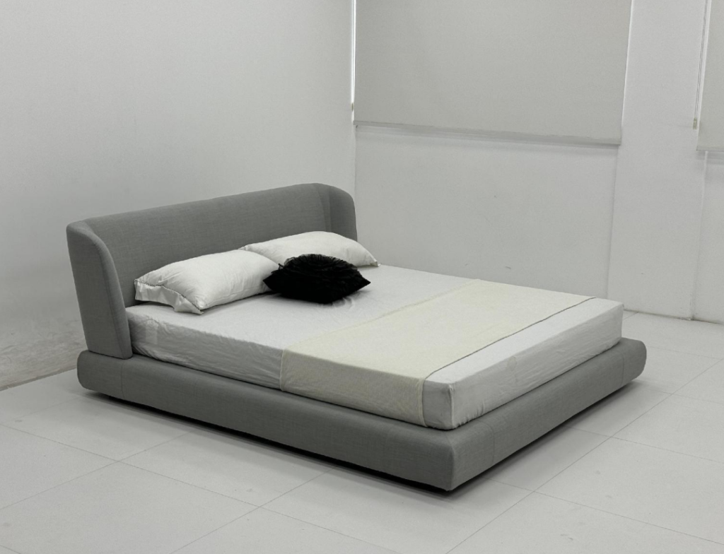 Gray Curved Platform Bed Soft Fabric Design with Low-Profile Frame