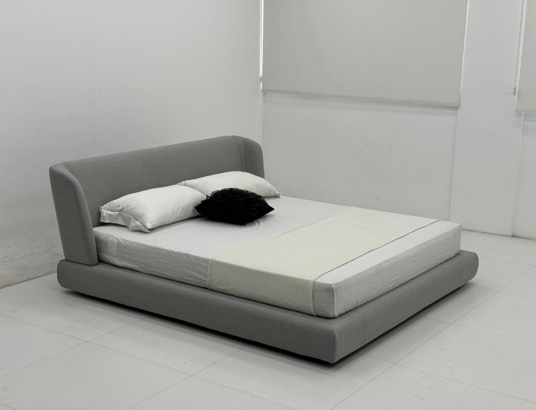Gray Curved Platform Bed Soft Fabric Design with Low-Profile Frame