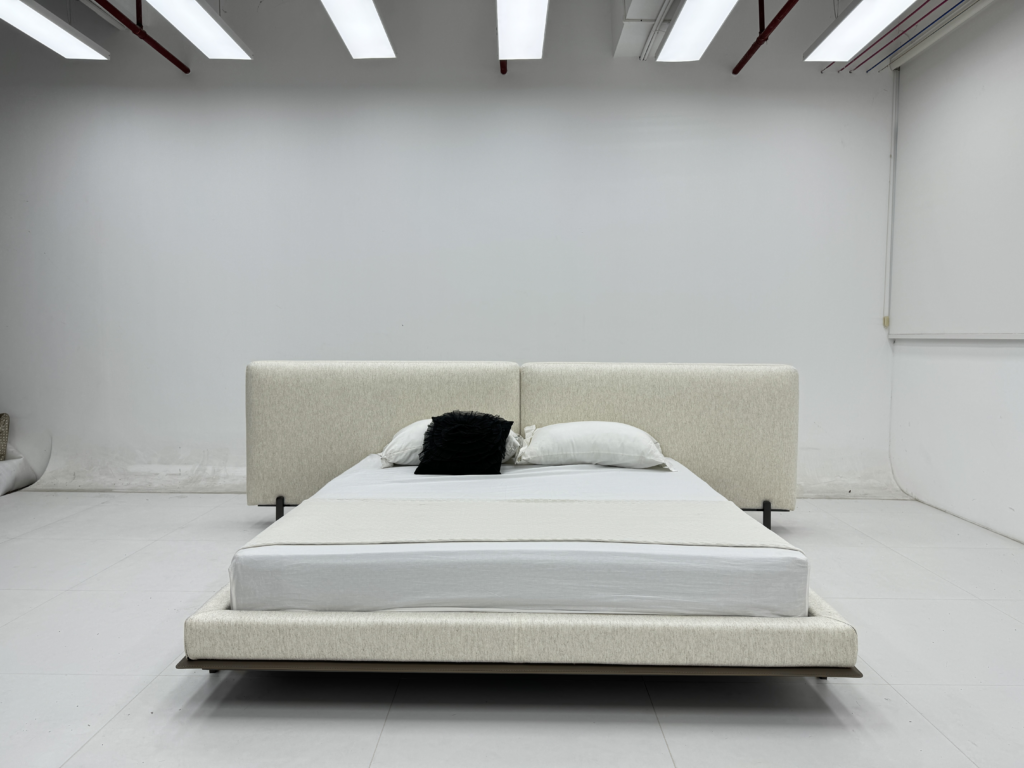 Beige Fabric Split Headboard Bed Sleek Metal Base Modern Minimalist Design