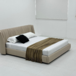 Beige Pleated Leather Bed with Curved Headboard