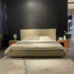 Beige Quilted Leather Bed Circular Pattern Headboard Modern Elegant Design