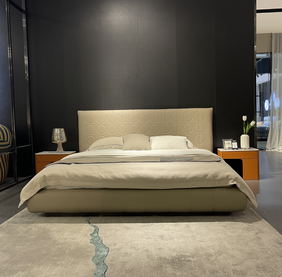 Beige Quilted Leather Bed Circular Pattern Headboard Modern Elegant Design