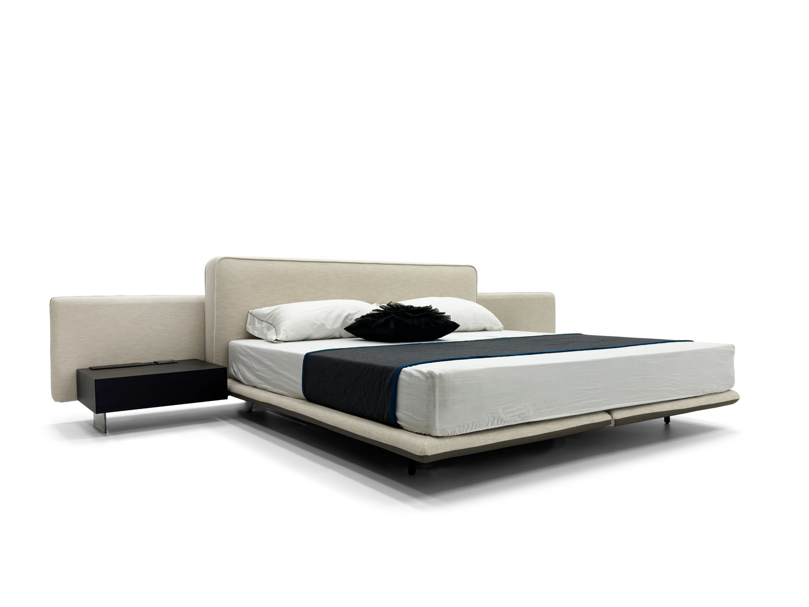 Beige Upholstered Bed with Integrated Side Table Sleek Low-Profile Modern Design