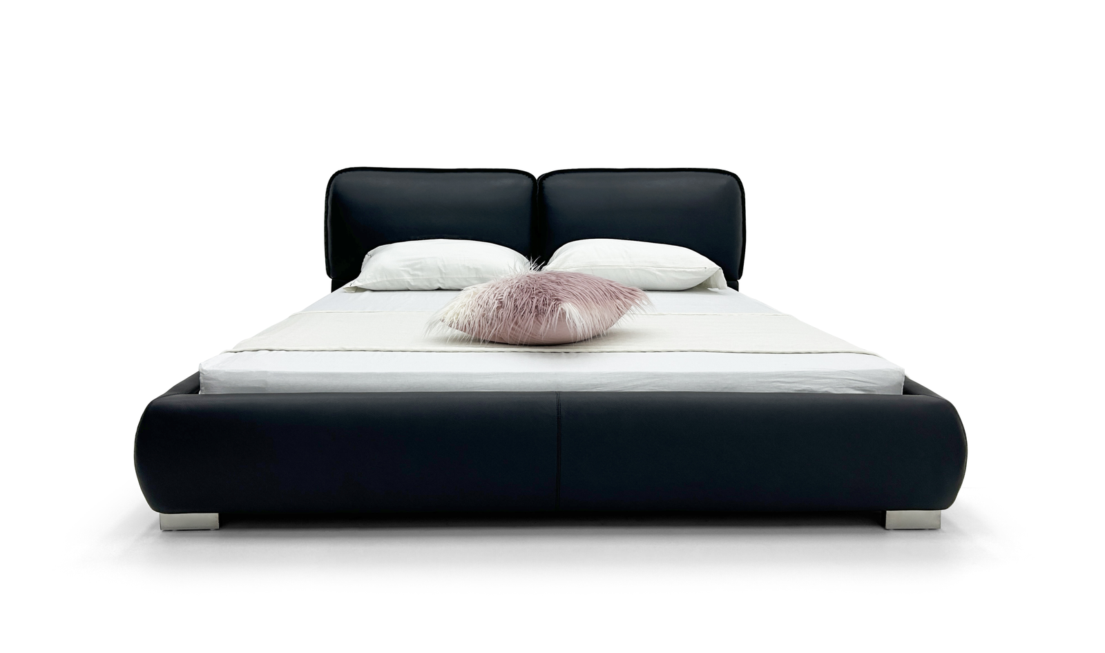 Black Leather Split Headboard Bed Plush Curved Design Modern Luxe Style