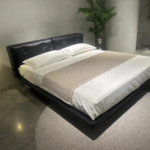 Black Leather Split Headboard Bed Low-Profile Modern Minimalist Design