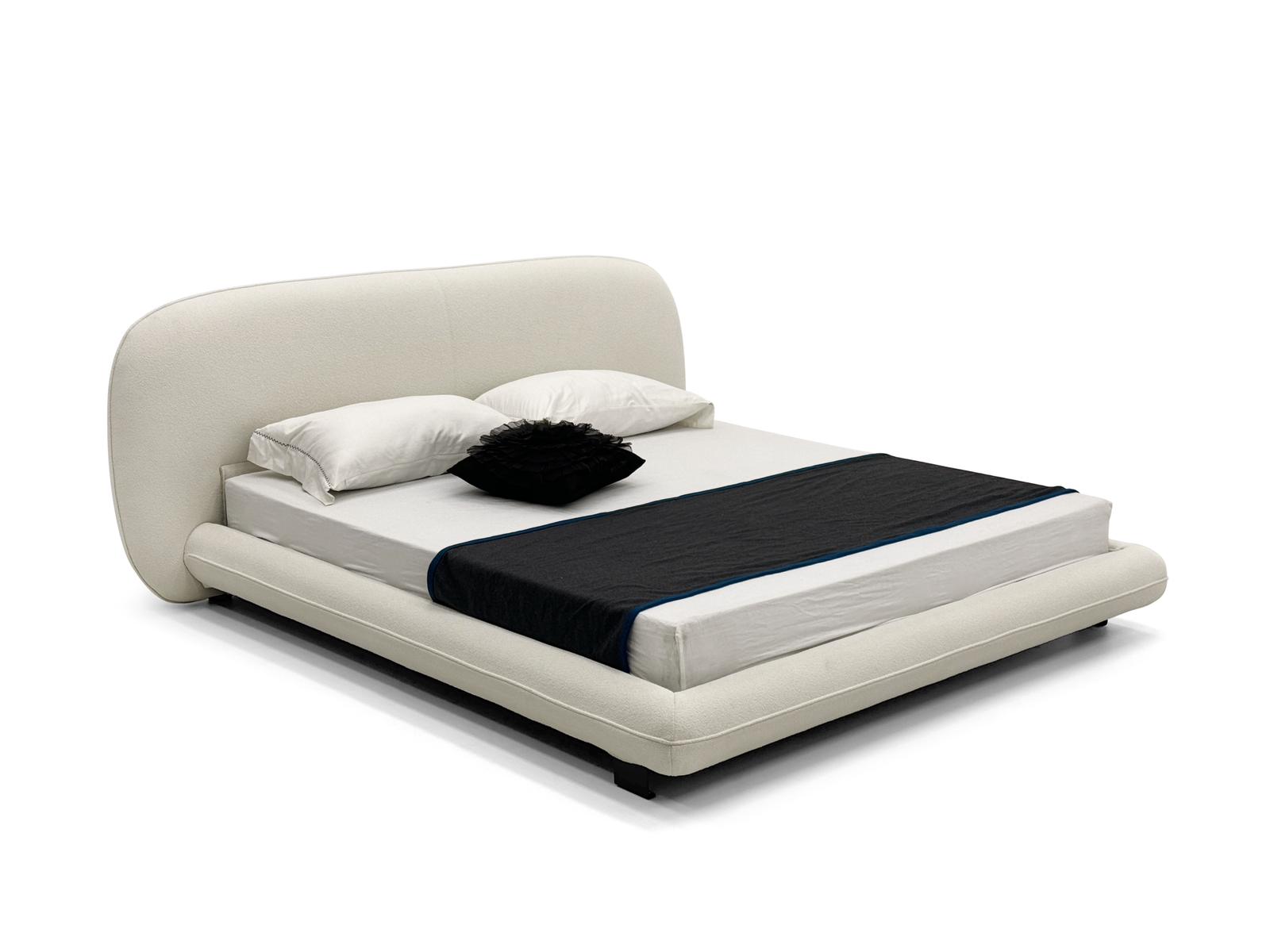 Cream Upholstered Curved Headboard Bed Low-Profile Modern Cozy Design