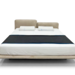 Beige Leather Split Headboard Bed Low-Profile Modern Minimalist Design