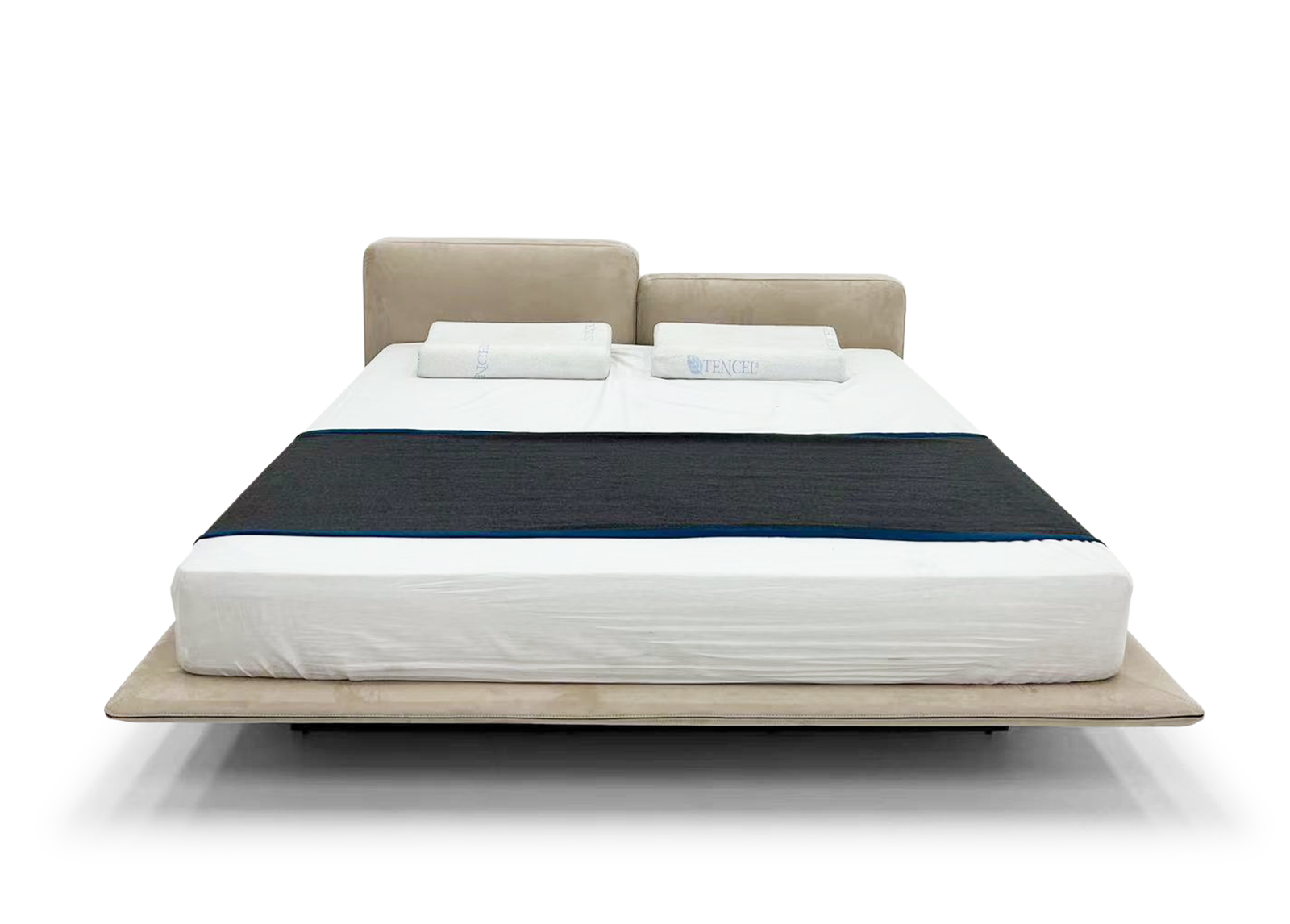 Beige Leather Split Headboard Bed Low-Profile Modern Minimalist Design