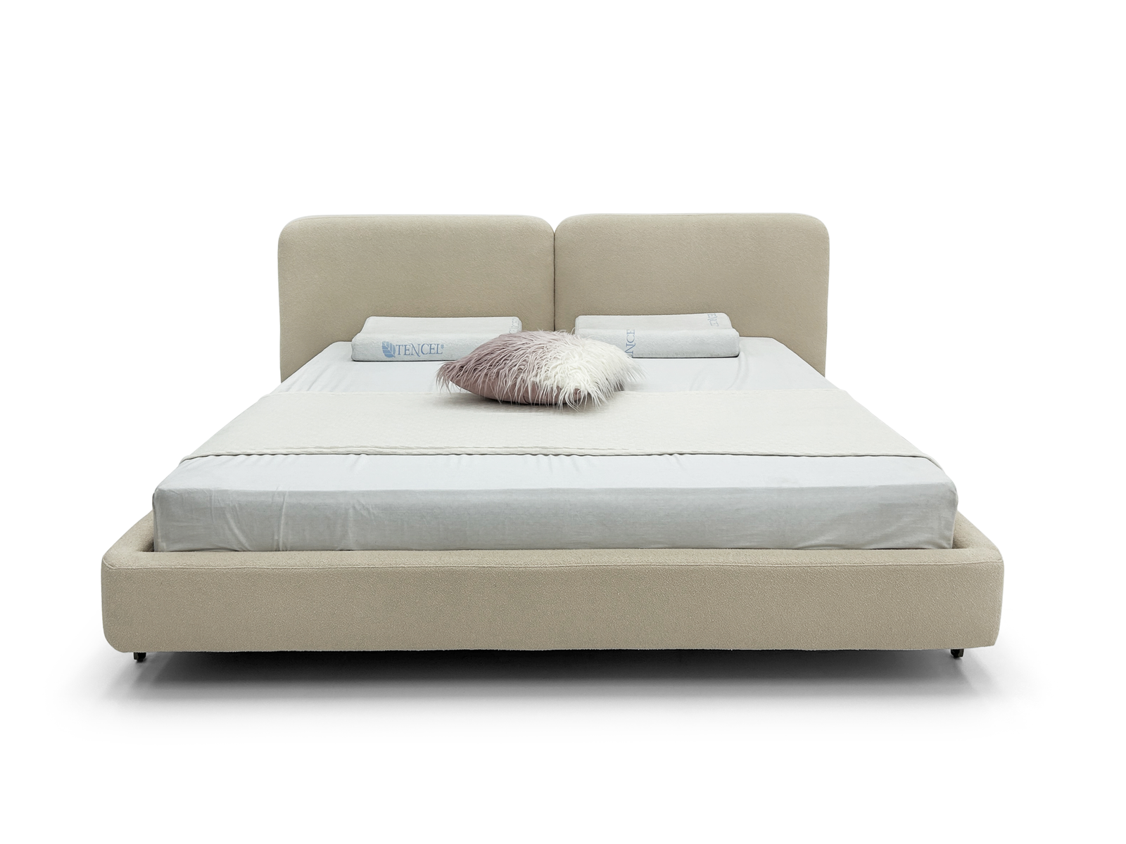 Beige Upholstered Split Headboard Bed Low-Profile Modern Cozy Design