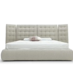 Beige Tufted Wingback Bed Plush Modern Cozy Design