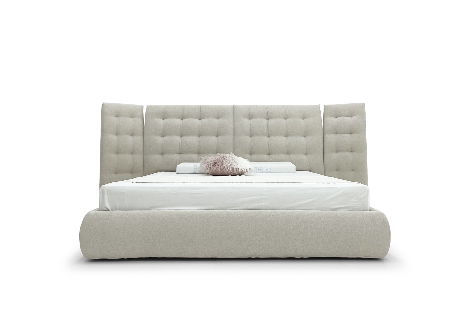 Beige Tufted Wingback Bed Plush Modern Cozy Design
