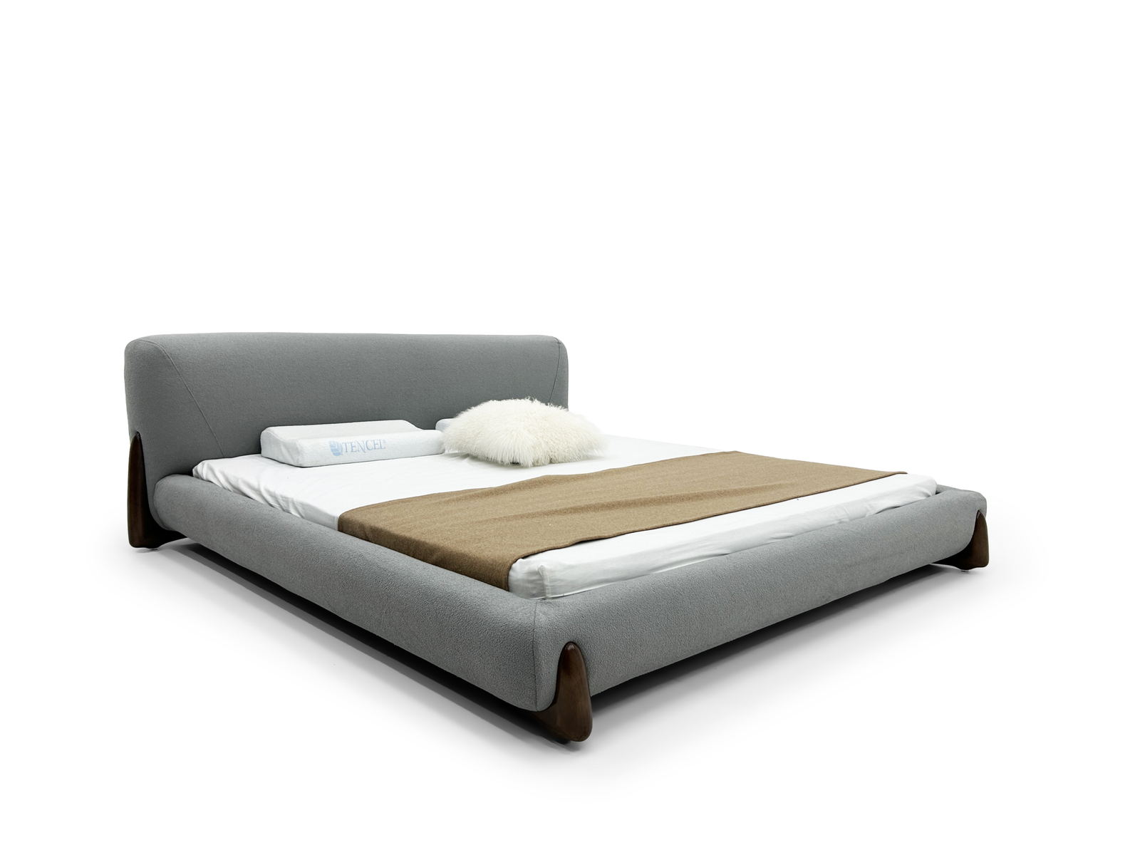Gray Fabric Bed With Curved Headboard Wood Accent Legs Modern Cozy
