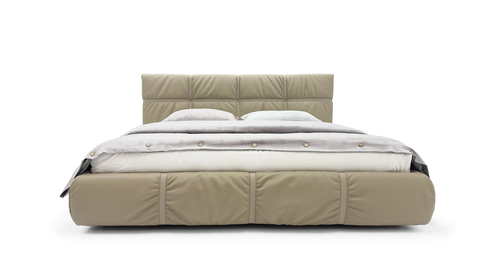 Beige Tufted Leather Bed Plush Modern Luxe Upholstered Design