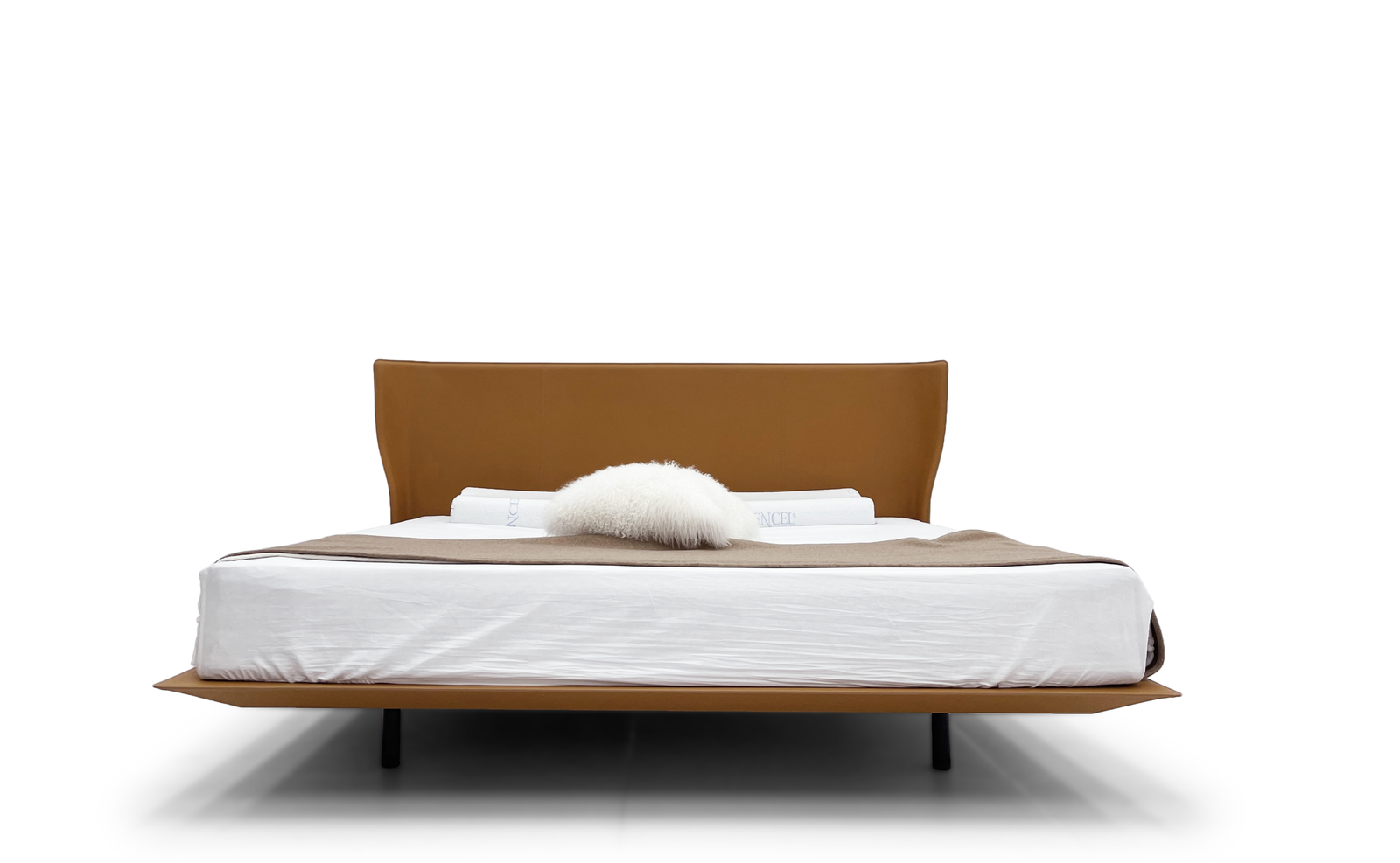 Taupe Leather Bed With Curved Headboard Sleek Modern Minimalist Design