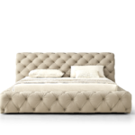 Beige Tufted Leather Bed Button-Tufted Headboard Luxe Classic Design