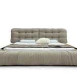 Mushroom-Toned Plush Leather Bed Quilted Headboard Cloud-Like Comfort Design