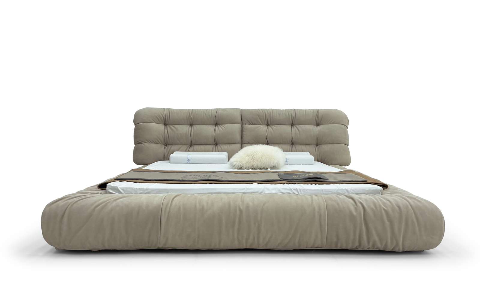 Mushroom-Toned Plush Leather Bed Quilted Headboard Cloud-Like Comfort Design