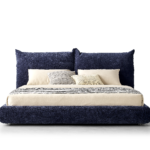Navy Velvet Bed Oversized Cushioned Headboard Cozy Modern Contrast Design