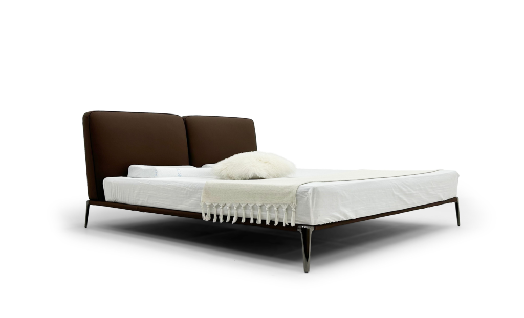Chocolate Brown Upholstered Bed Sleek Metal Legs Modern Minimalist Contrast Design