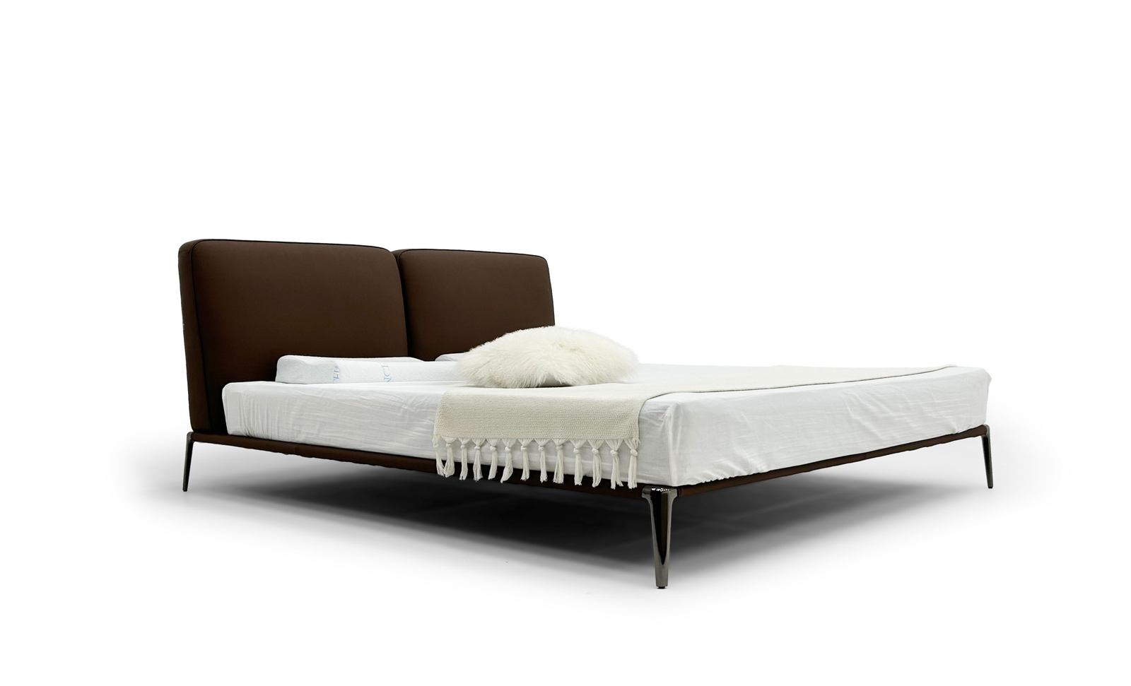 Chocolate Brown Upholstered Bed Sleek Metal Legs Modern Minimalist Contrast Design