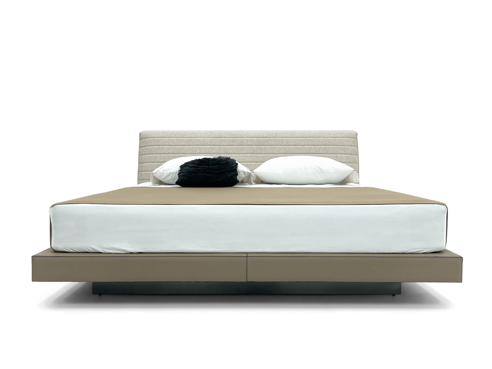 Beige Fabric Bed With Storage Drawers Textured Headboard Modern Minimalist Design