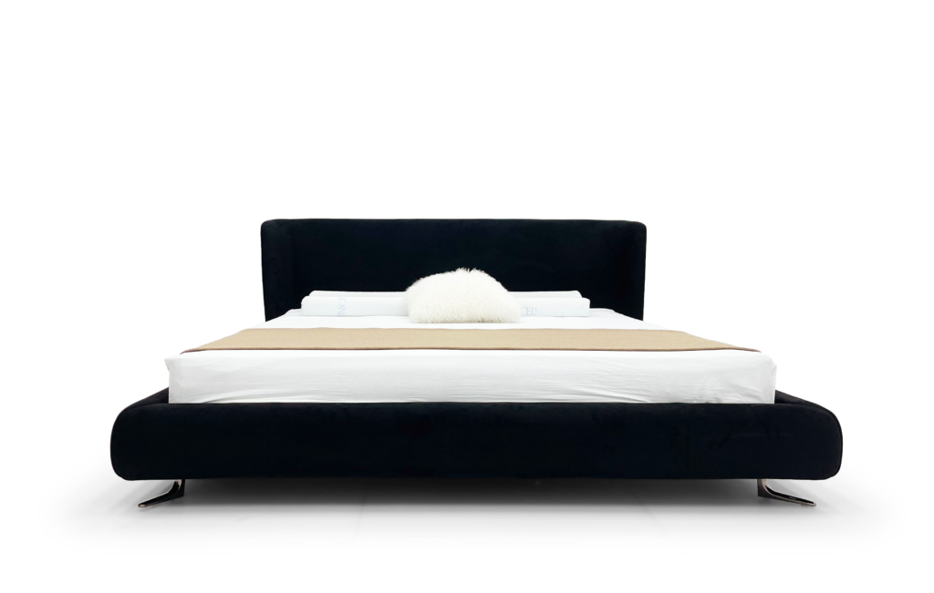 Black Velvet Bed Curved Upholstered Frame Sleek Metal Legs Luxe Modern Design