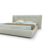 Light Beige Tufted Fabric Bed Curved Base Soft Minimalist Modern Cozy Design