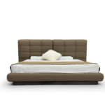Taupe Leather Bed Grid-Tufted Headboard Curved Base Sleek Modern Luxury Design