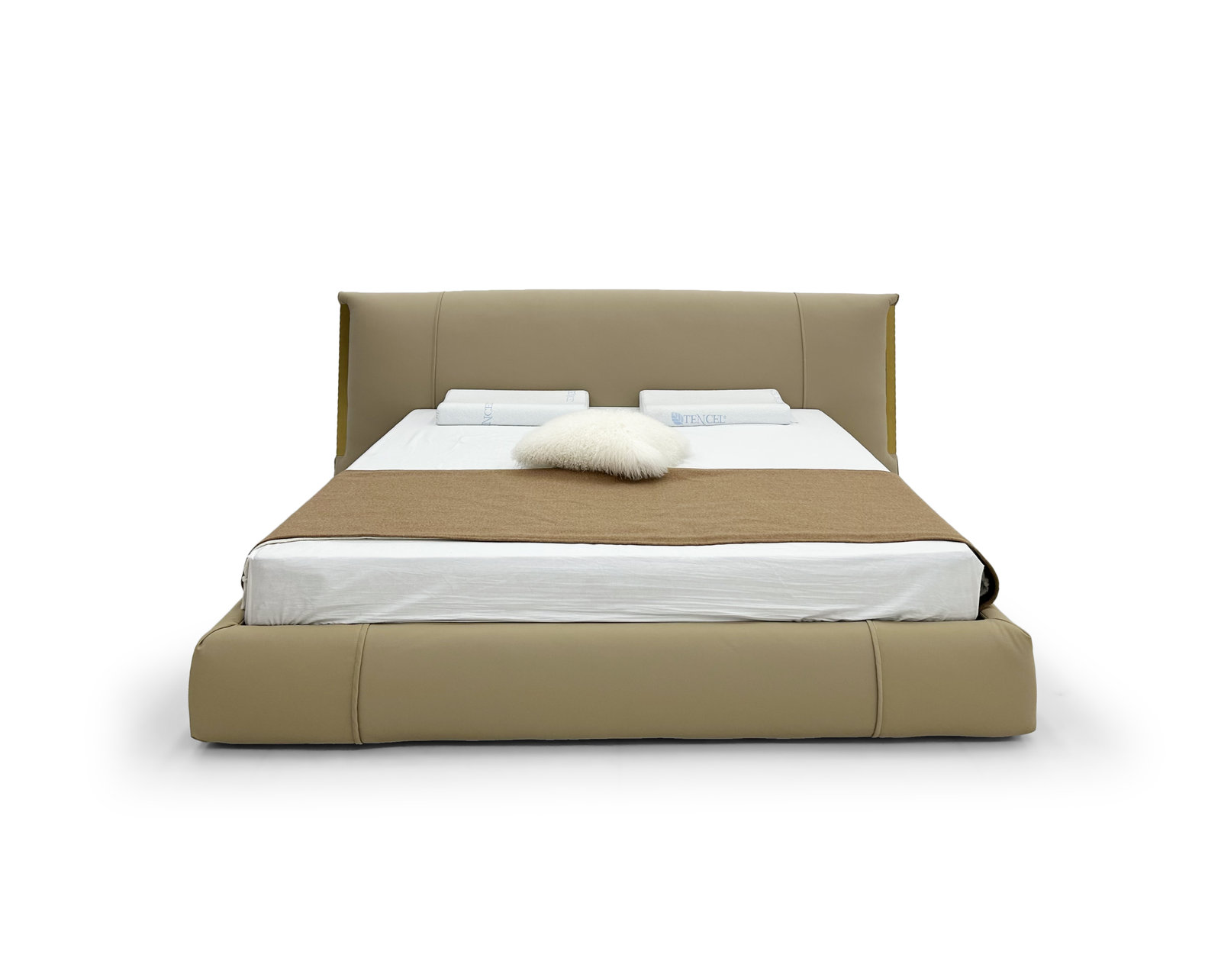 Beige Leather Bed Padded Headboard Low Profile Frame Sleek Modern Cozy Design