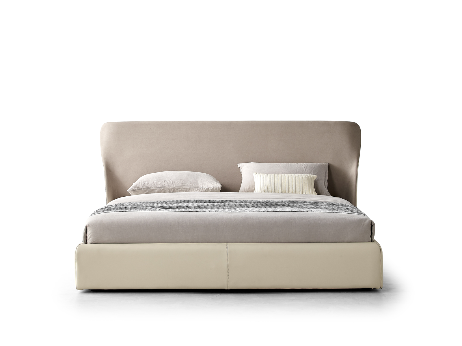 Dual-Tone Leather Bed Curved Headboard Soft Minimalist Modern Elegant Design