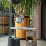 Modern Grey Vanity Desk with Round Mirror and Stacked Storage