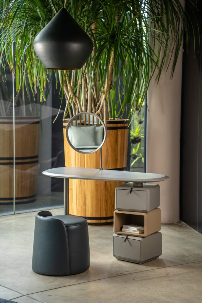 Modern Grey Vanity Desk with Round Mirror and Stacked Storage