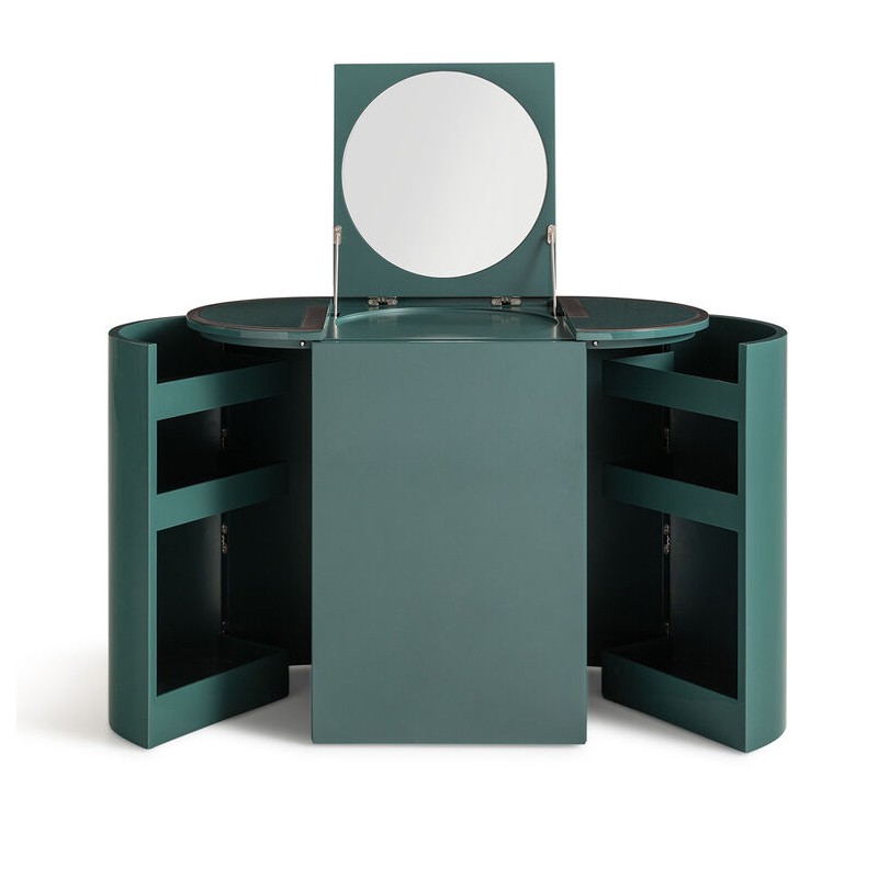 Italian Minimalist Luxury Emerald Green Solid Wood Adjustable Folding Mirror Vanity with Storage