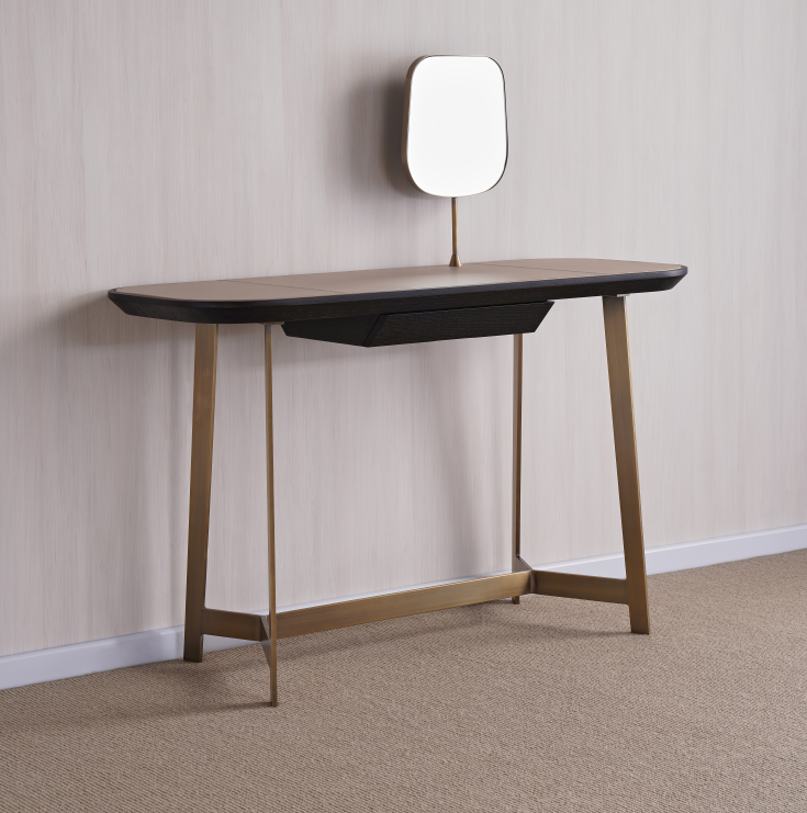 Dark Wood and Brass Vanity Desk with Asymmetrical Mirror