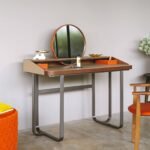 Walnut Vanity Desk with Rattan Round Mirror and Storage Tray