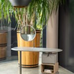Modern Grey Vanity Desk with Round Mirror and Stacked Storage