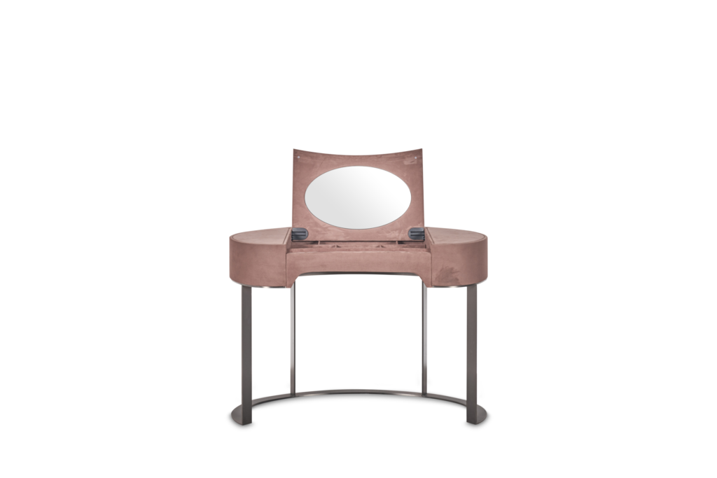 Blush Pink Velvet Vanity Table with Oval Mirror and Metal Legs
