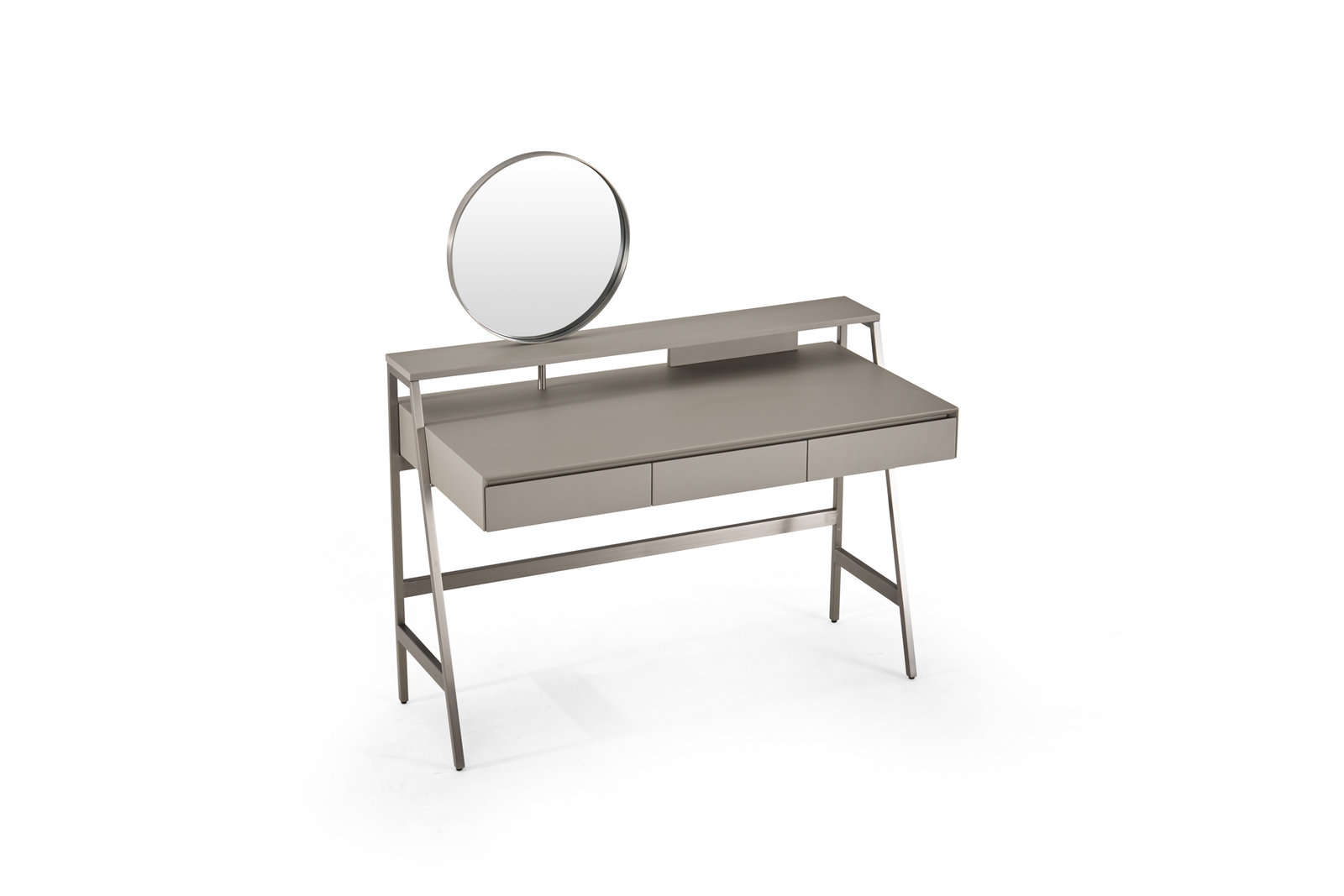 Taupe Minimalist Vanity Table with Round Mirror and Three Drawers